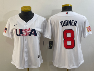 Women's USA Baseball #8 Trea Turner 2023 White World Baseball Classic Stitched