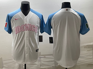 Men's Mexico Baseball Blank 2023 White Blue World Baseball Classic Stitched Jersey