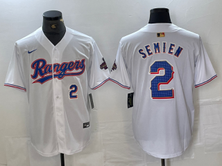 Texas Rangers #2 Marcus Semien White 2024 Gold with blue number champions jersey
