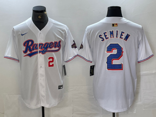 Texas Rangers #2 Marcus Semien White 2024 Gold with red number champions jersey