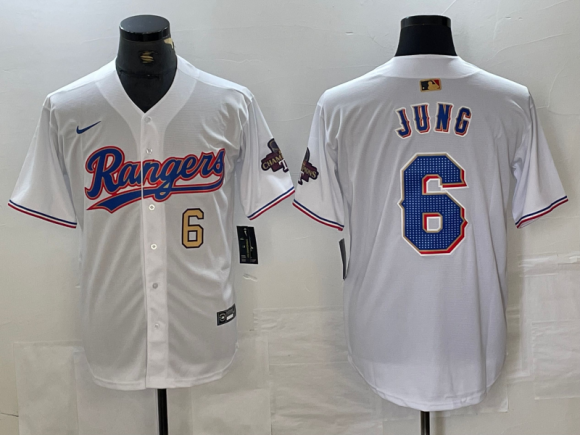 Texas Rangers #6 Josh Jung White 2024 Gold with gold number champions jersey