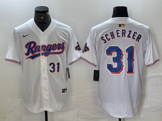 Texas Rangers #31 Max Scherzer White 2024 Gold with blue number champions jersey