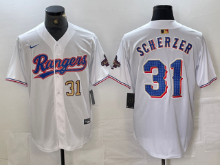 Texas Rangers #31 Max Scherzer White 2024 Gold with gold number champions jersey