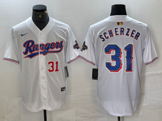 Texas Rangers #31 Max Scherzer White 2024 Gold with red number champions jersey