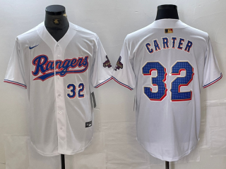 Texas Rangers #32 Evan Carter White 2024 Gold with blue number champions jersey