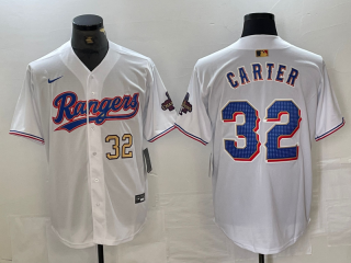 Texas Rangers #32 Evan Carter White 2024 Gold with gold number champions jersey