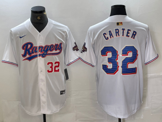 Texas Rangers #32 Evan Carter White 2024 Gold with red number champions jersey