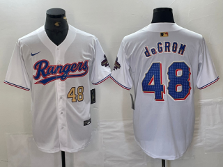 Texas Rangers #48 Jacob DeGrom White 2024 Gold with gold number champions jersey