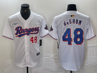 Texas Rangers #48 Jacob DeGrom White 2024 Gold with red number champions jersey