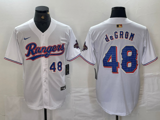 Texas Rangers #48 Jacob DeGrom White 2024 Gold withblue number champions jersey