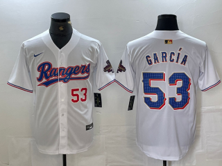 Texas Rangers #53 Adolis Garcia White 2024 Gold with red number champions jersey