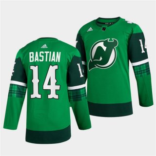 New Jersey Devils #14 Nathan Bastian Green Warm-Up St Patricks Day Stitched Jersey