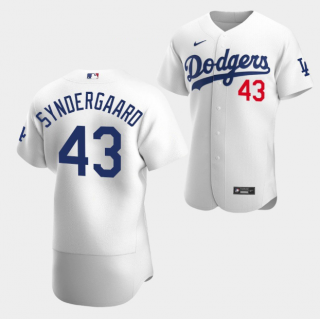 Men's Los Angeles Dodgers #43 Noah Syndergaard White Flex Base red letter Stitched Baseball Jersey