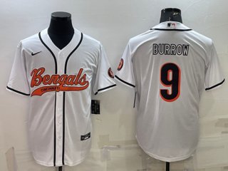 Cincinnati Bengals #9 Joe Burrow White With Patch Cool Base Stitched Baseball Jersey