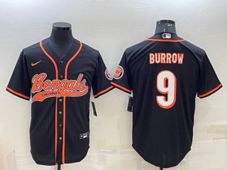 Cincinnati Bengals #9 Joe Burrow Black With Patch Cool Base Stitched Baseball Jersey