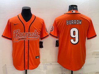 Cincinnati Bengals #9 Joe Burrow Orange With Patch Cool Base Stitched Baseball Jersey