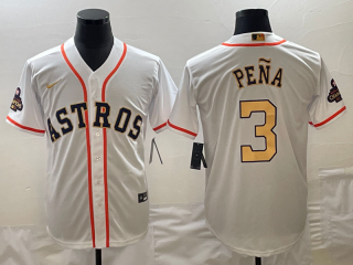 Men's Houston Astros #3 Jeremy Peña White 2023 Gold Collection With World Serise Champions 3