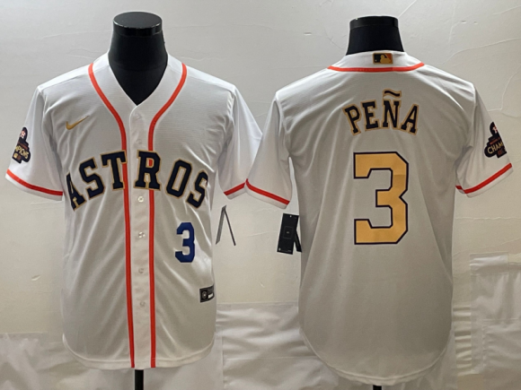 Men's Houston Astros #3 Jeremy Peña White 2023 Gold Collection With World Serise Champions 2