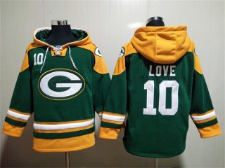 Green Bay Packers #10 Jordan Love Green Lace-Up Pullover Hoodie