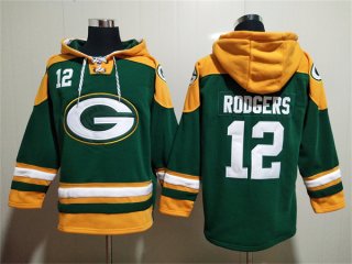 Green Bay Packers #12 Aaron Rodgers Green Lace-Up Pullover Hoodie