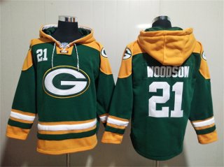 Green Bay Packers #21 Charles Woodson Green Lace-Up Pullover Hoodie