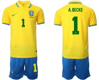 Brazil #1 A. Becke Yellow Home Soccer Jersey Suit