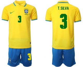 Brazil #3 T. Silva Yellow Home Soccer Jersey Suit