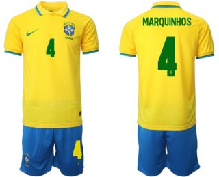 Brazil #4 Marquinhos Yellow Home Soccer Jersey Suit
