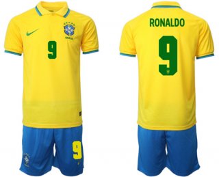 Brazil #9 Ronaldo Yellow Home Soccer Jersey Suit