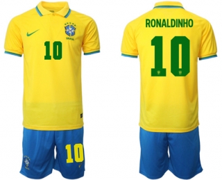Brazil #10 Ronaldinho Yellow Home Soccer Jersey Suit