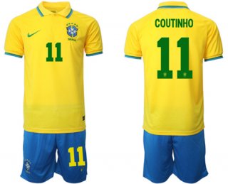 Brazil #11 Coutinho Yellow Home Soccer Jersey Suit