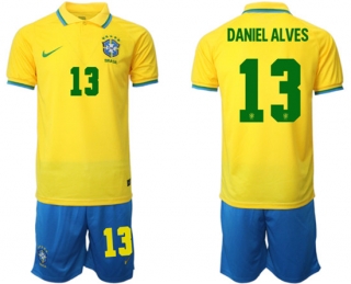 Brazil #13 Daniel Alves Yellow Home Soccer Jersey Suit