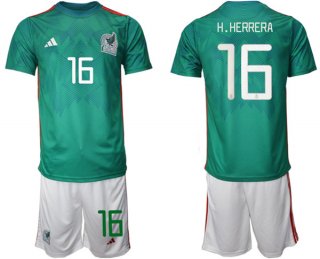 Mexico #16 H.Herrera Green Home Soccer Jersey Suit