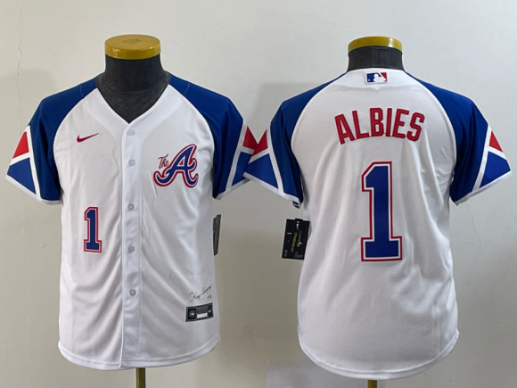 Women's Atlanta Braves #1 Ozzie Albies White 2023 City Connect With Patch Stitched