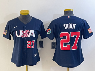 Women's USA Baseball #27 Mike Trout 2023 Navy World Baseball Classic With Patch Stitched