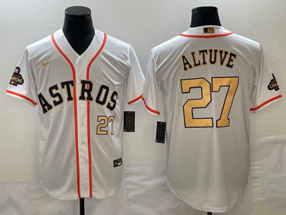 Men's Houston Astros #27 Jose Altuve White 2023 Gold Collection With World Serise 2