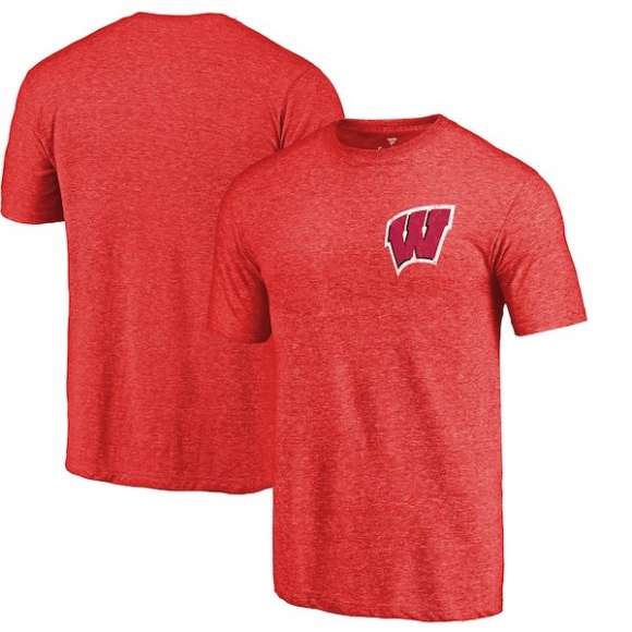 Wisconsin-Badgers-Fanatics-Branded-Red-Heather-Left-Chest-Distressed-Logo-Tri-Blend-T-Shirt