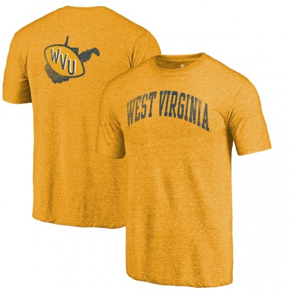 West-Virginia-Mountaineers-Fanatics-Branded-Heathered-Gold-Vault-Two-Hit-Arch-T-Shirt