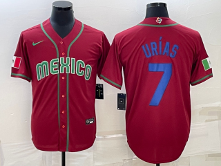 Men's Mexico Baseball #7 Julio Urías 2023 Red Blue World Baseball Classic Replica Stitched