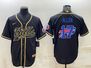Buffalo Bills #17 Josh Allen Black Gold Team Big Logo With Patch Cool Base Stitched