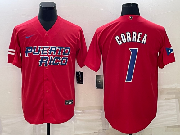 Men's Puerto Rico Baseball #1 Carlos Correa 2023 Red World Baseball Classic Replica Stitched