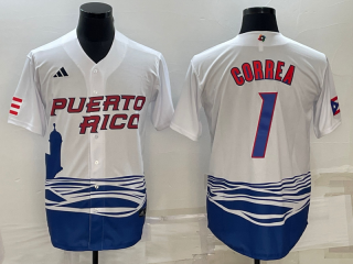 Men's Puerto Rico Baseball #1 Carlos Correa 2023 White World Baseball Classic Replica Stitched
