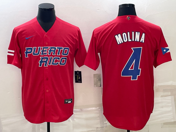 Men's Puerto Rico Baseball #4 Yadier Molina 2023 Red World Baseball Classic Replica Stitched