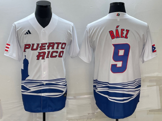 Men's Puerto Rico Baseball #9 Javier Báez 2023 White World Baseball Classic Replica Stitched