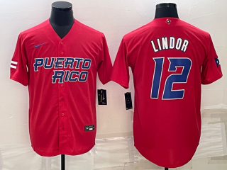 Men's Puerto Rico Baseball #12 Francisco Lindor 2023 Red World Baseball Classic Replica Stitched