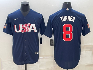 Men's USA Baseball #8 Trea Turner 2023 Navy World Baseball Classic Replica Stitched Jersey