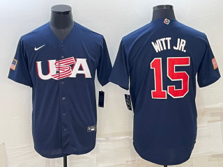 Men's USA Baseball #15 Bobby Witt Jr. 2023 Navy World Baseball Classic Replica Stitched