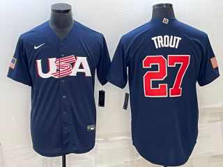 Men's USA Baseball #27 Mike Trout 2023 Navy World Baseball Classic Replica Stitched Jersey