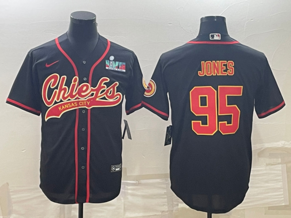 Kansas City Chiefs #95 Chris Jones Black With Super Bowl LVII Patch Cool Base jersey