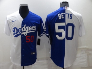 Men's Los Angeles Dodgers #50 Mookie Betts White Blue Split Cool Base Stitched Baseball